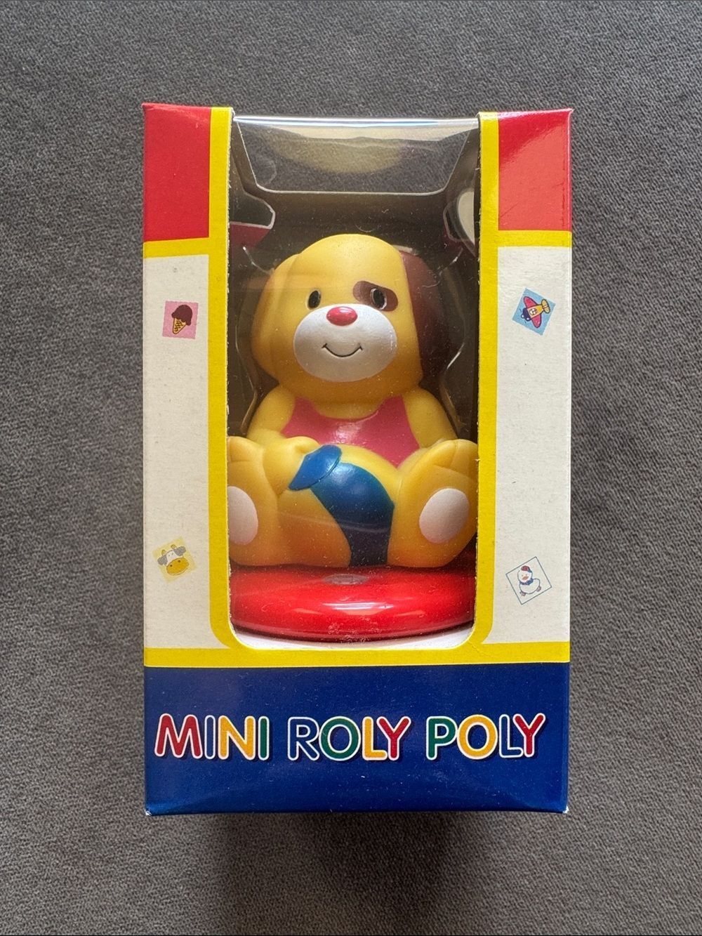 Vintage Yellow Dog Mini Balancing Toy Roly Poly Squeaker Red Base NEW OLD STOCK